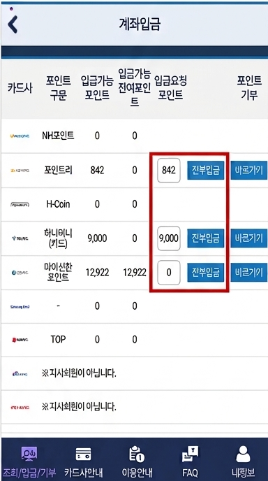 계좌입금 화면, 입금요청 포인트와 전부입금 버튼